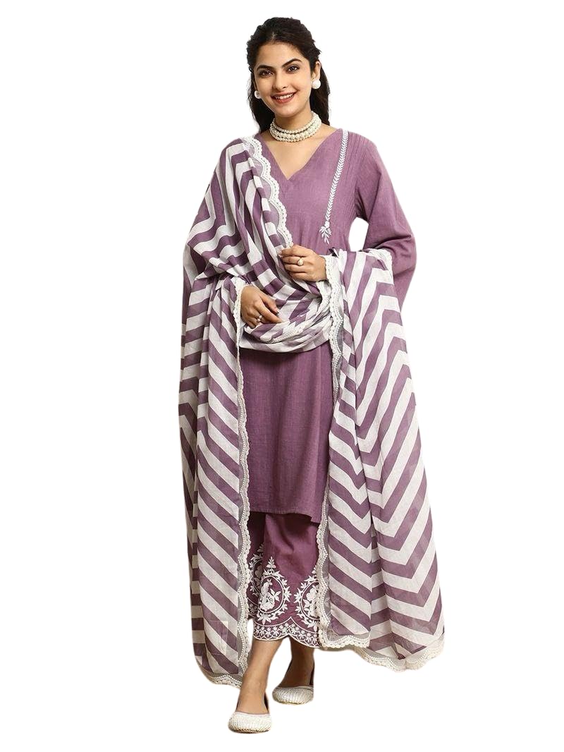 Lavender Cotton Kurta Pant Set with Striped Dupatta – Elegant Embroidered Ethnic Wear for Women (BLACKLUXE CRAFTS) - BLACKLUXECRAFTS