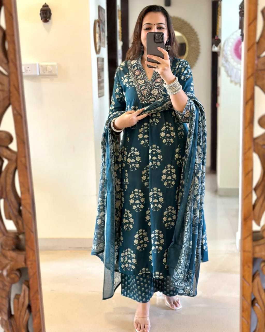 Teal Blue Printed Cotton Kurta Set with Dupatta – Indian Ethnic Suit for Women, Festive & Party Wear Outfit (BLACKLUXE CRAFTS) - BLACKLUXECRAFTS