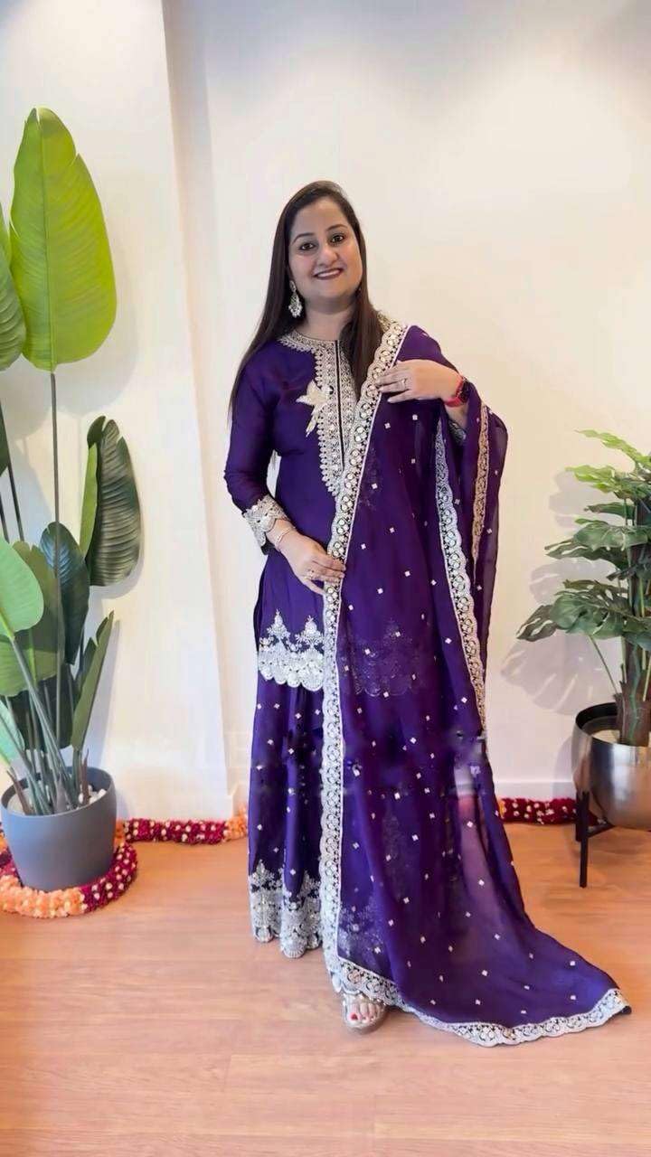 Women's Faux Georgette Embroidered Straight Kurti with Sharara & Dupatta Set (BLACKLUXE CRAFTS) - BLACKLUXECRAFTS