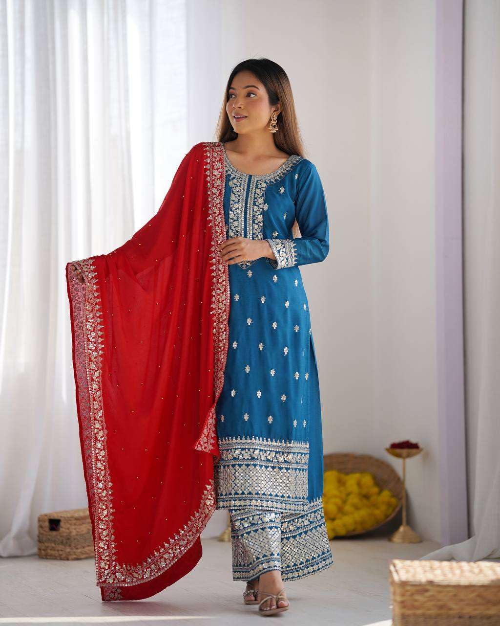 Women's Chinnon Silk Embroidered Straight Kurti With Pants and Dupatta Set (BLACKLUXE CRAFTS) - BLACKLUXECRAFTS