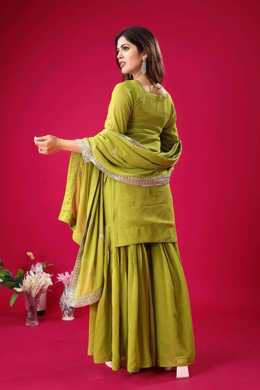 Women's Georgette Embroidered Kurti With Sharara & Dupatta Set (BLACKLUXE CRAFTS) - BLACKLUXECRAFTS