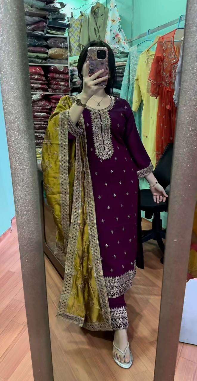 Women's Chinnon Silk Embroidered Straight Kurti with Pant & Dupatta Set (BLACKLUXE CRAFTS) - BLACKLUXECRAFTS