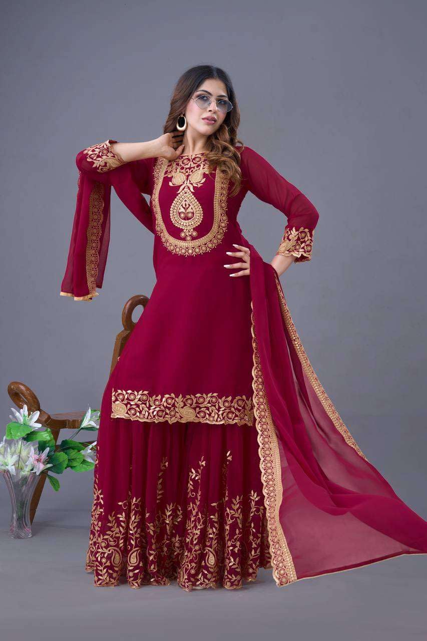 Women's Faux Georgette Ensemble with Embroidery & Sequence Work Kurti With Sharara and Dupatta Set (BLACKLUXE CRAFTS) - BLACKLUXECRAFTS