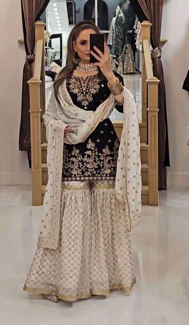 Women's Faux Georgette Embroidered Kurti With Sharara & Dupatta Set with Lace Border (BLACKLUXE CRAFTS) - BLACKLUXECRAFTS