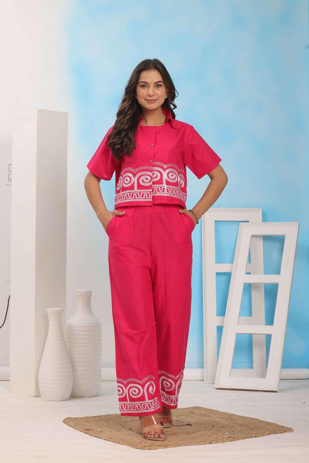 Women’s Cotton Co-Ord Set – Short Sleeve Shirt with Embroidery & Wide Leg Pants (BLACKLUXE CRAFTS) - BLACKLUXECRAFTS