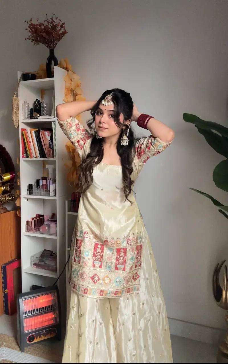 Women's Chinon Silk Embroidered Kurti With Sharara & Dupatta Set with Lace Border (BLACKLUXE CRAFTS) - BLACKLUXECRAFTS