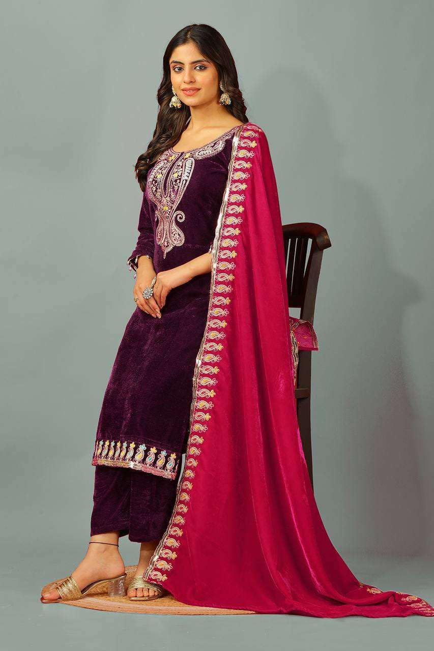 Velvet Embroidered Suit Set with Pink Dupatta – Designer Indian Wedding & Festive Wear Outfit (BLACKLUXE CRAFTS) - BLACKLUXECRAFTS