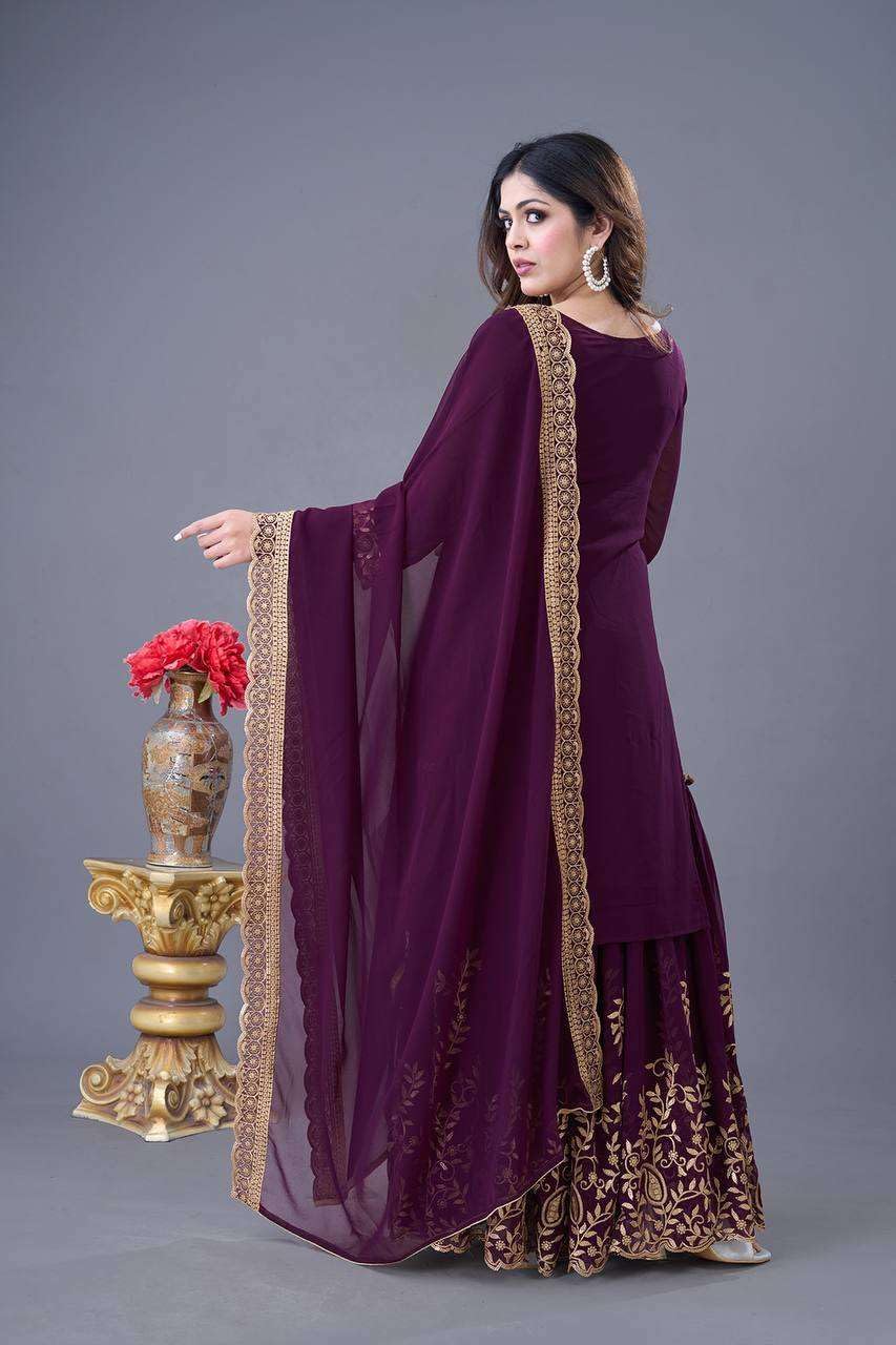Women's Faux Georgette Ensemble with Embroidery & Sequence Work Kurti With Sharara and Dupatta Set (BLACKLUXE CRAFTS) - BLACKLUXECRAFTS