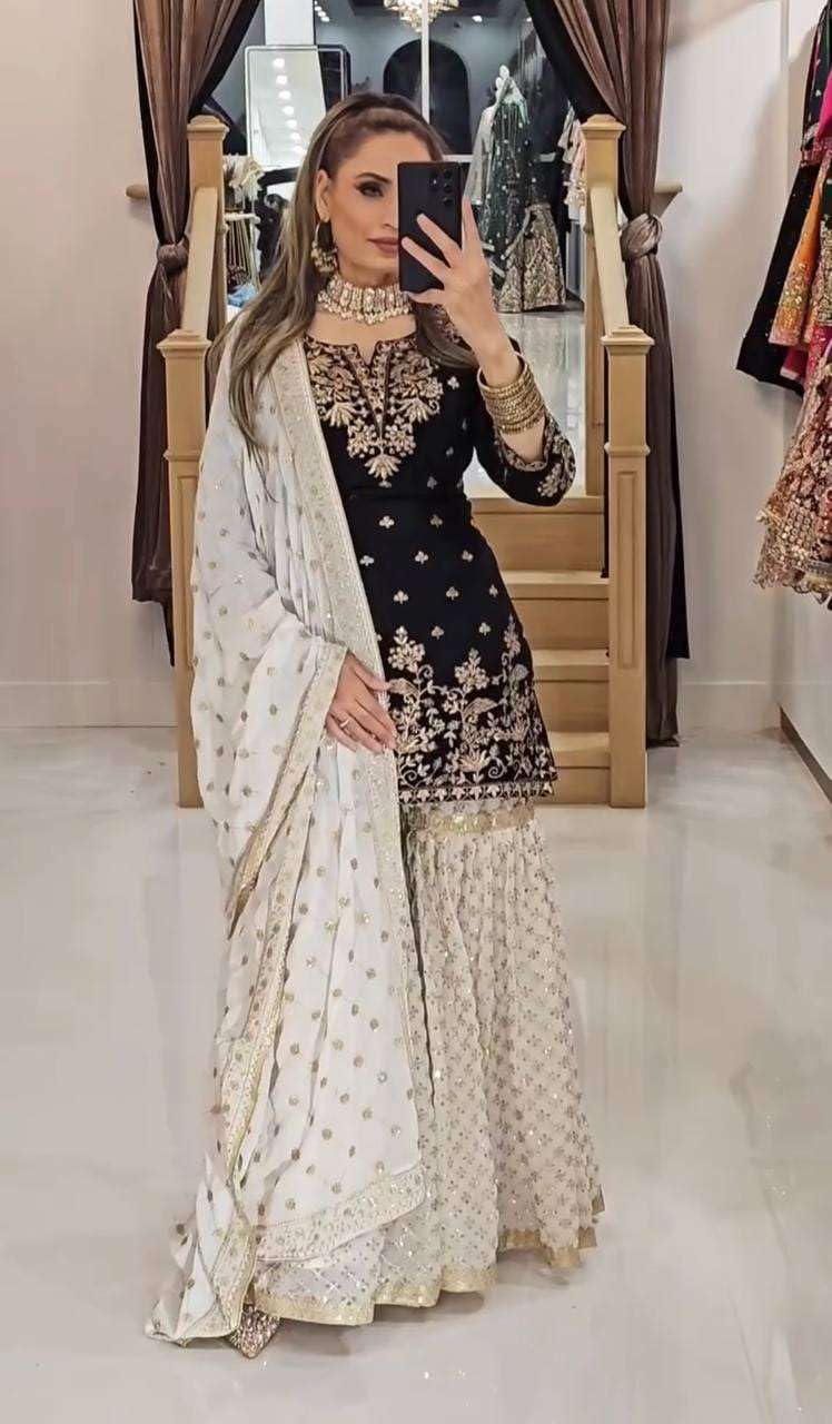 Women's Faux Georgette Embroidered Kurti With Sharara & Dupatta Set with Lace Border (BLACKLUXE CRAFTS) - BLACKLUXECRAFTS