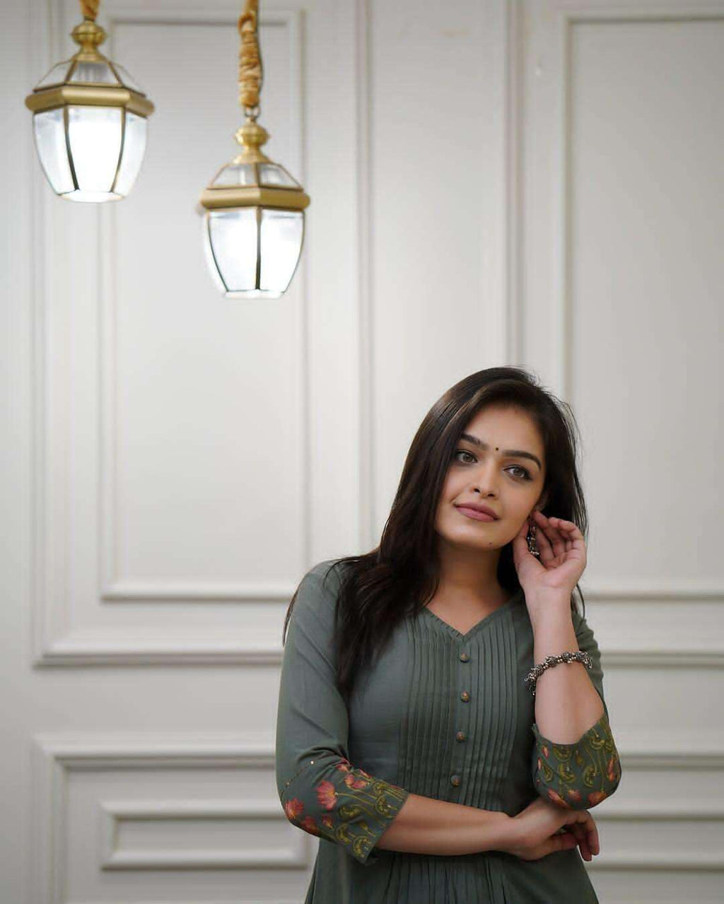 Sage Green Cotton Kurta for Women – Pleated Front with Floral Embroidered Sleeves (BLACKLUXE CRAFTS) - BLACKLUXECRAFTS