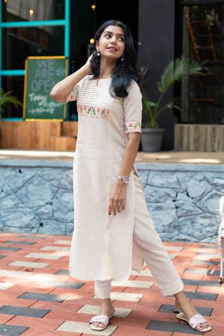 Cotton Kurta Set with Floral Embroidery | Women’s Indian Ethnic Wear | Straight Suit with Pants (BLACKLUXECRAFTS) - BLACKLUXECRAFTS
