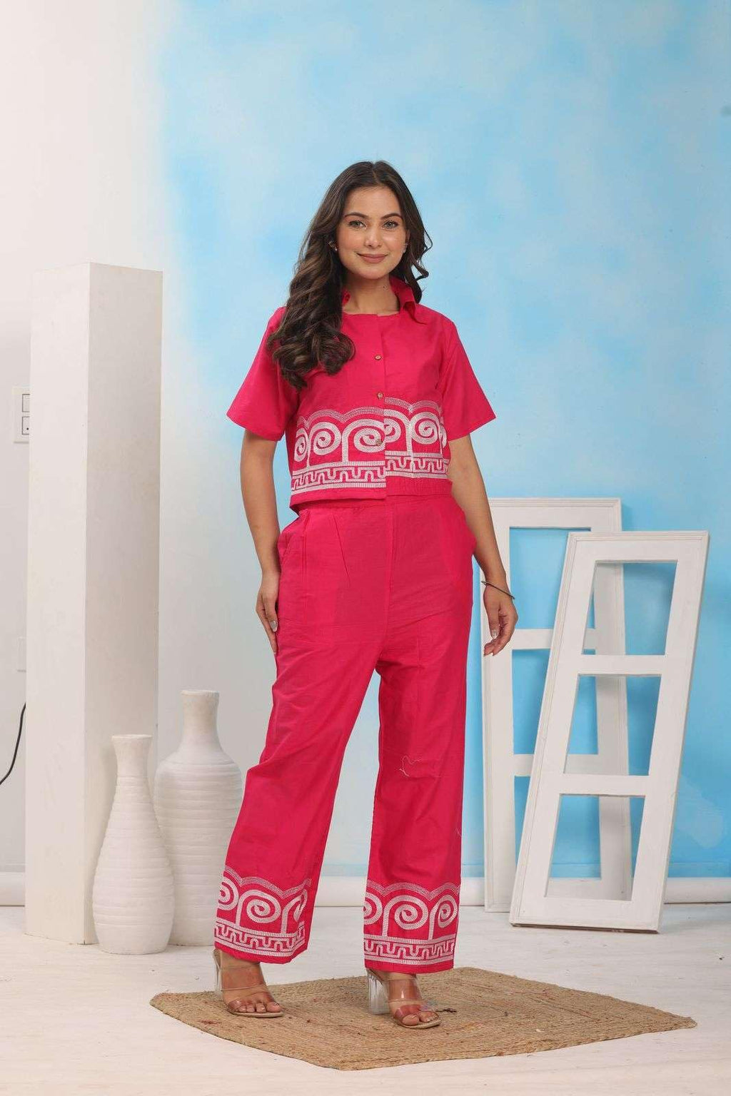 Women’s Cotton Co-Ord Set – Short Sleeve Shirt with Embroidery & Wide Leg Pants (BLACKLUXE CRAFTS) - BLACKLUXECRAFTS