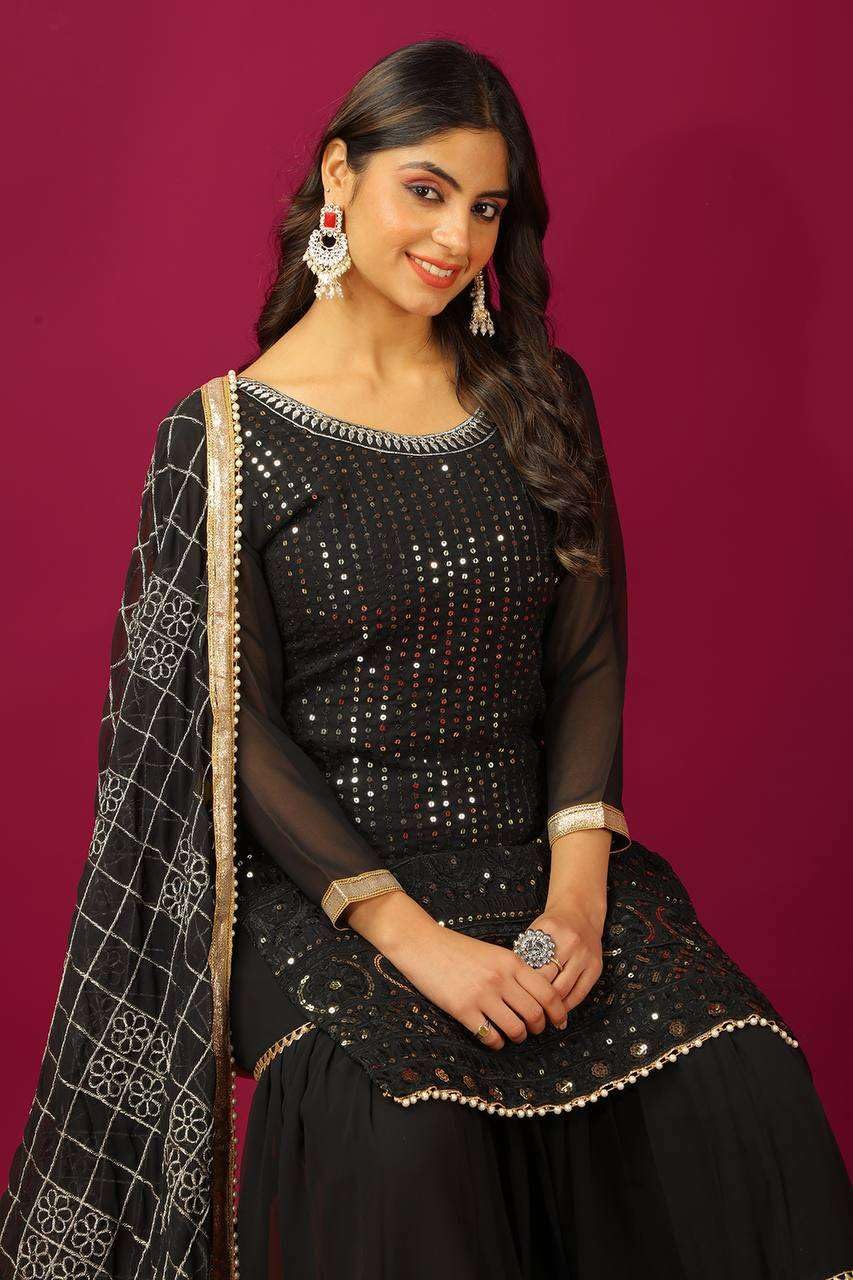 Georgette Sharara Suit with Mirror Work & Embroidered Dupatta | Party Wear Indian Ethnic Set (BLACKLUXE CRAFTS) - BLACKLUXECRAFTS