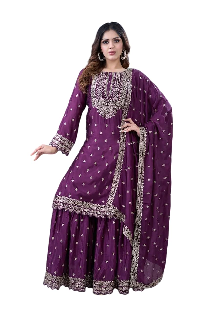 Embroidered Sharara Suit with Dupatta – Designer Party Wear Indian Outfit for Women (BLACKLUXE CRAFTS) - BLACKLUXECRAFTS