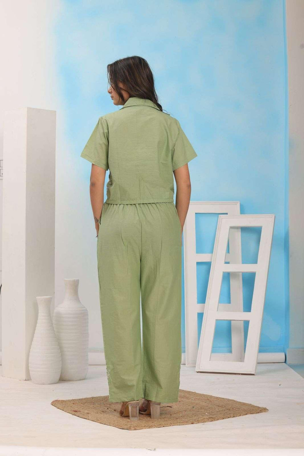 Women’s Cotton Co-Ord Set – Short Sleeve Shirt with Embroidery & Wide Leg Pants (BLACKLUXE CRAFTS) - BLACKLUXECRAFTS