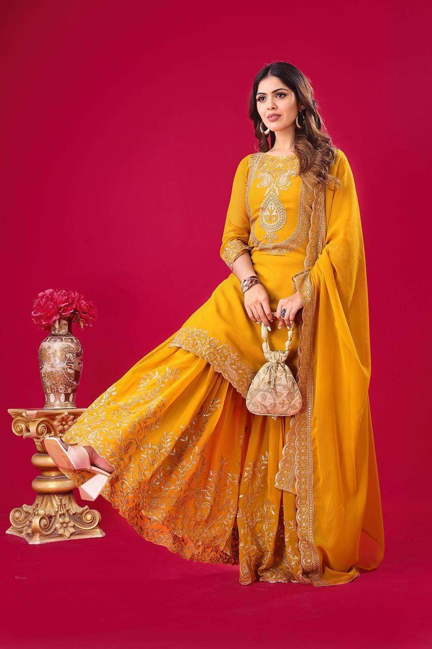 Women's Faux Georgette Ensemble with Embroidery & Sequence Work Kurti With Sharara and Dupatta Set (BLACKLUXE CRAFTS) - BLACKLUXECRAFTS