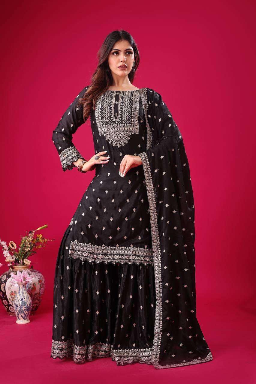 Embroidered Sharara Suit with Dupatta – Designer Party Wear Indian Outfit for Women (BLACKLUXE CRAFTS) - BLACKLUXECRAFTS