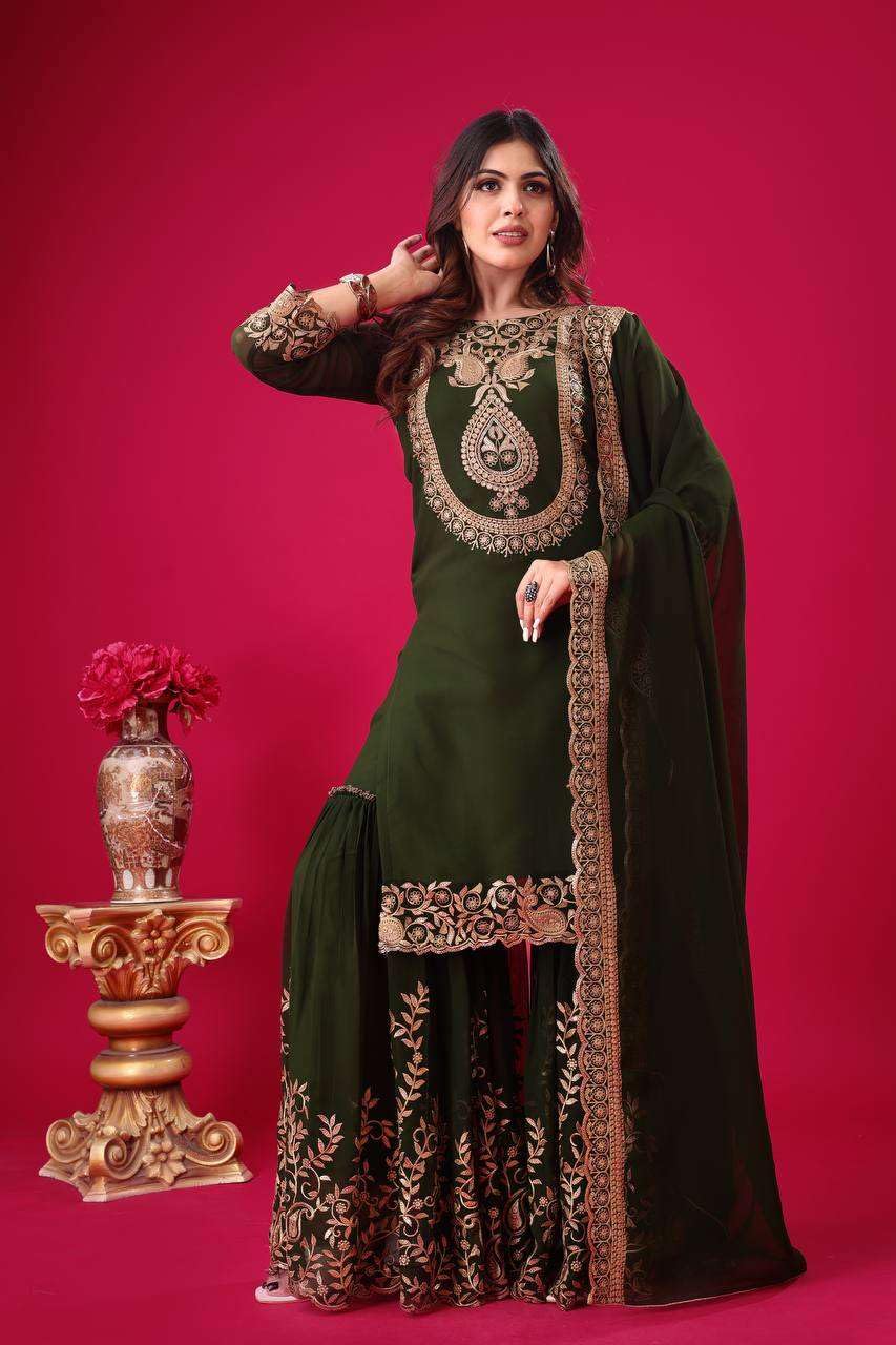 Women's Faux Georgette Ensemble with Embroidery & Sequence Work Kurti With Sharara and Dupatta Set (BLACKLUXE CRAFTS) - BLACKLUXECRAFTS
