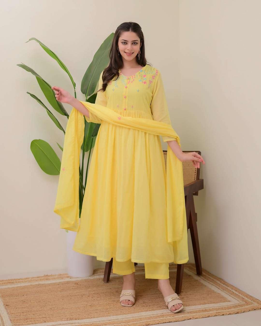 Women's Cotton Embroidered Anarkali Kurti With Pant and Dupatta set (BLACKLUXE CRAFTS) - BLACKLUXECRAFTS