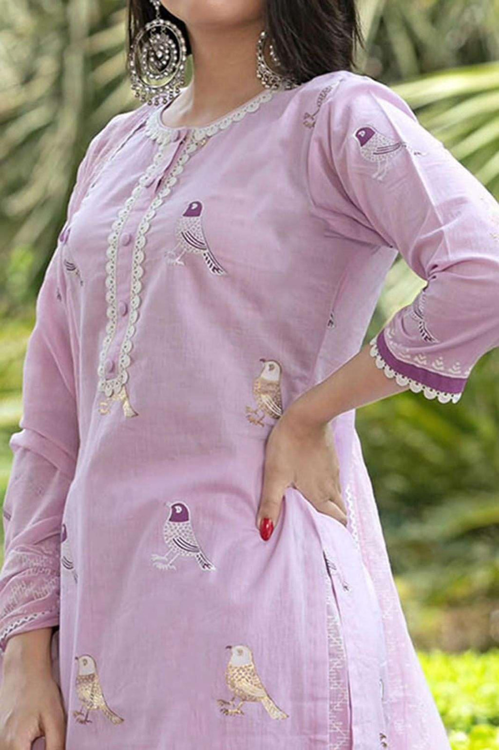 Lavender Embroidered Cotton Kurta Set with Dupatta | Women’s Ethnic Indian Outfit | Salwar Suit for Wedding & Festive Wear (BLACKLUXE CRAFTS) - BLACKLUXECRAFTS