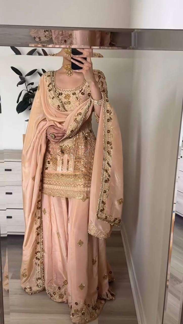 Peach Gold Embroidered Sharara Suit with Dupatta – Luxury Wedding Party Wear Indian Outfit for Women
(BLACKLUXE CRAFTS) - BLACKLUXECRAFTS