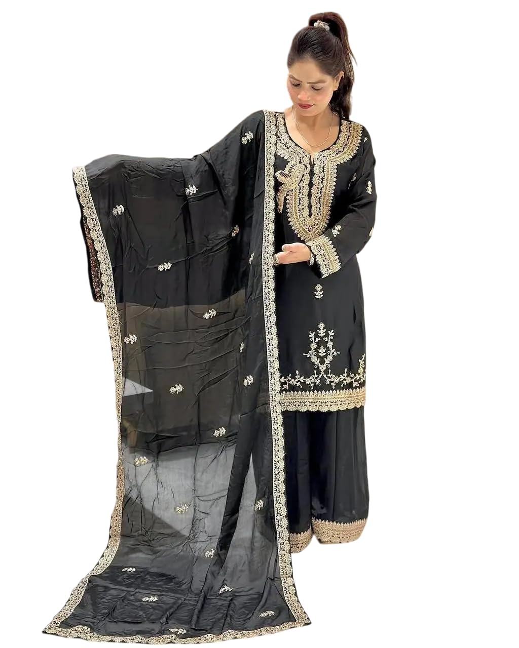 Women's Faux Georgette Embroidered Straight Kurti with Palazzo & Dupatta Set (BLACKLUXE CRAFTS) - BLACKLUXECRAFTS