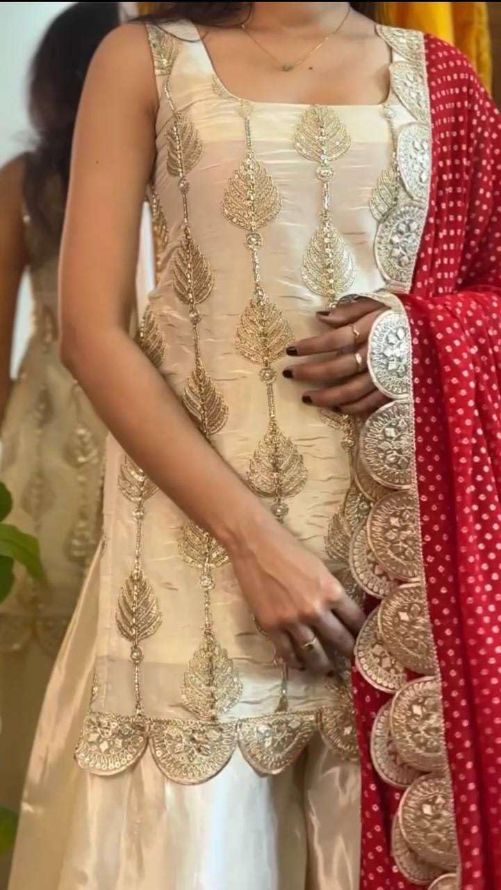 Cream Golden Embroidered Sharara Suit with Red Dupatta – Wedding Party Wear Indian Ethnic Outfit for Women
(BLACKLUXE CRAFTS) - BLACKLUXECRAFTS