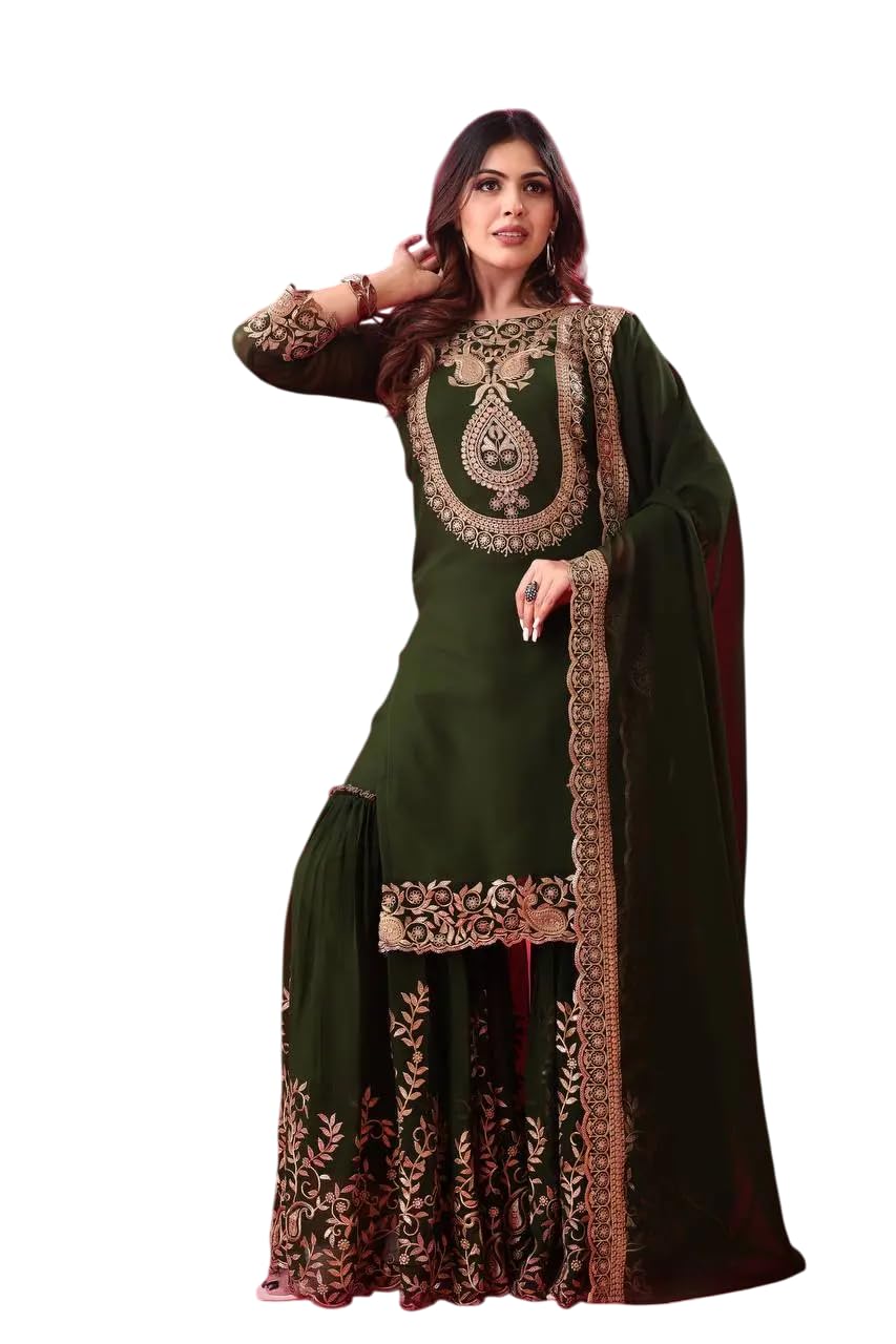 Women's Faux Georgette Ensemble with Embroidery & Sequence Work Kurti With Sharara and Dupatta Set (BLACKLUXE CRAFTS) - BLACKLUXECRAFTS