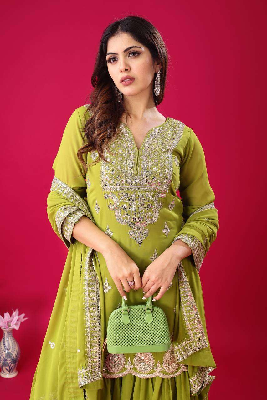 Women's Georgette Embroidered Kurti With Sharara & Dupatta Set (BLACKLUXE CRAFTS) - BLACKLUXECRAFTS