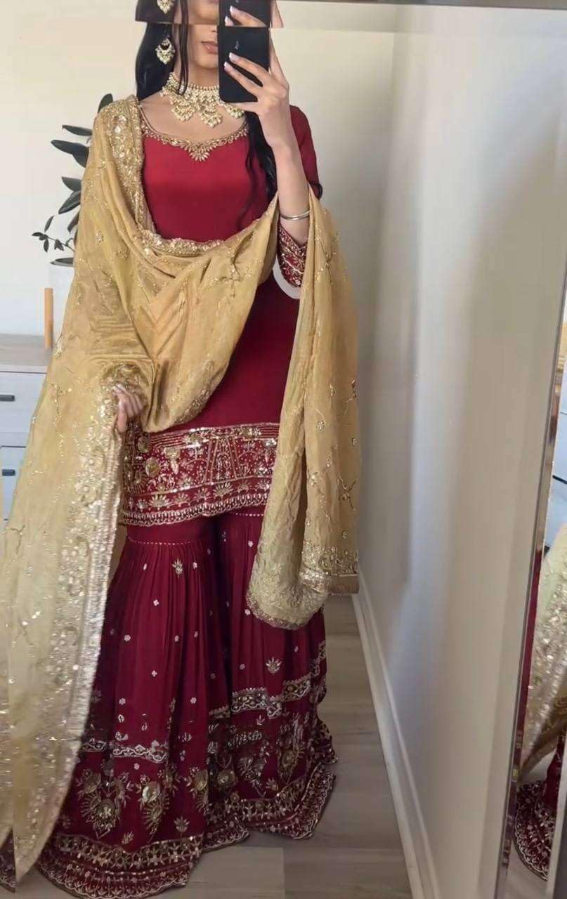 Women's Faux Georgette Embroidered Straight Kurti With Sharara and Dupatta Set (BLACKLUXE CRAFTS) - BLACKLUXECRAFTS