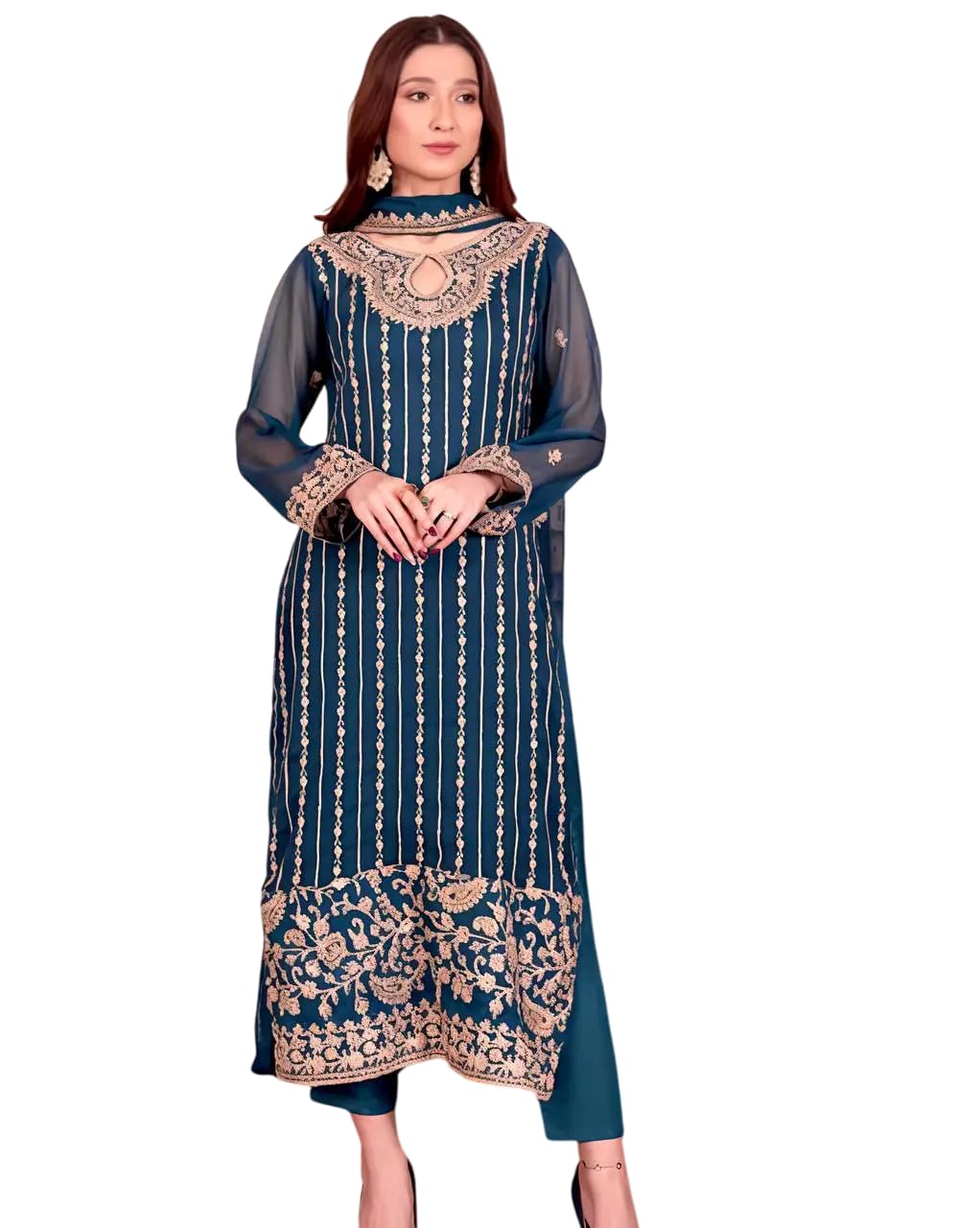 Teal Blue Straight Suit with Heavy Golden Embroidery & Dupatta | Designer Indian Pakistani Party Wear Dress for Women (BLACKLUXE CRAFTS) - BLACKLUXECRAFTS