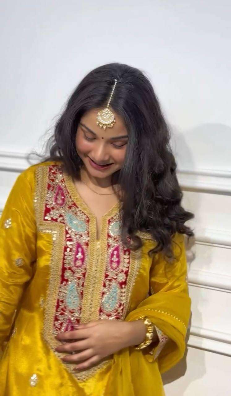 Mustard Yellow Silk Sharara Suit with Embroidered Neckline & Dupatta | Festive & Wedding Wear (BLACKLUXE CRAFTS) - BLACKLUXECRAFTS