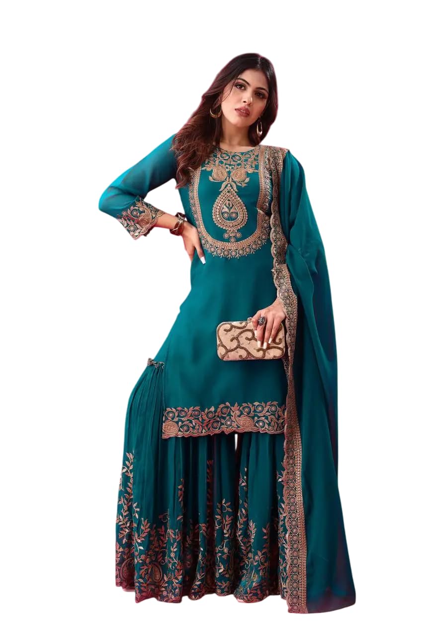 Women's Faux Georgette Ensemble with Embroidery & Sequence Work Kurti With Sharara and Dupatta Set (BLACKLUXE CRAFTS) - BLACKLUXECRAFTS