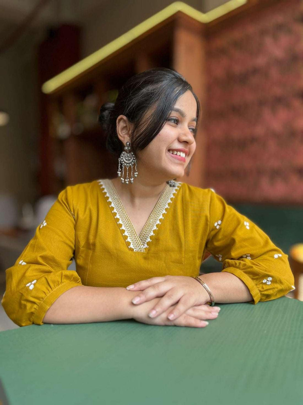 Mustard Yellow Flared Kurta with White Pants – Casual Ethnic Wear for Women
(BLACKLUXE CRAFTS) - BLACKLUXECRAFTS