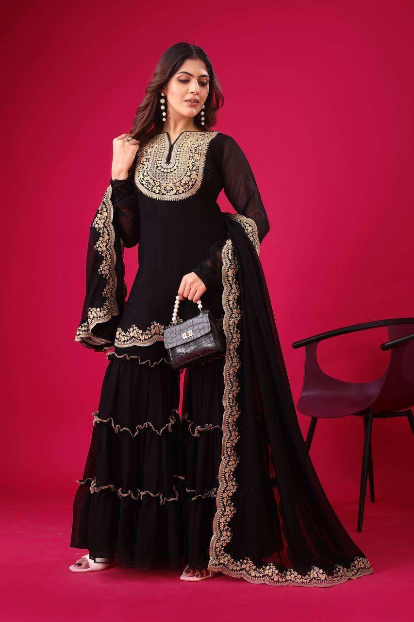 Women's Faux Georgette Embroidered Kurti With Plazzo and Dupatta Set (BLACKLUXE CRAFTS) - BLACKLUXECRAFTS