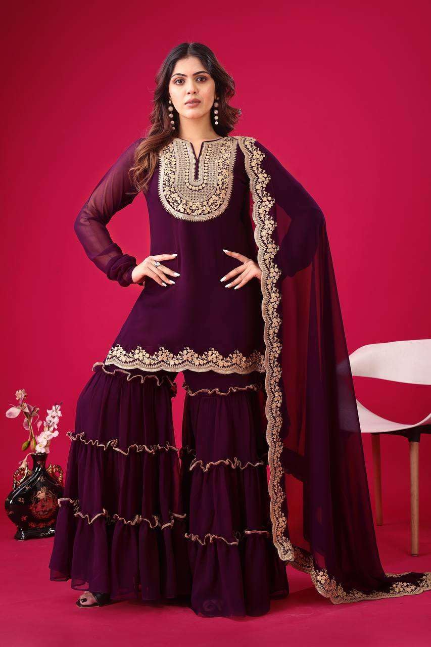 Women's Faux Georgette Embroidered Kurti With Plazzo and Dupatta Set (BLACKLUXE CRAFTS) - BLACKLUXECRAFTS