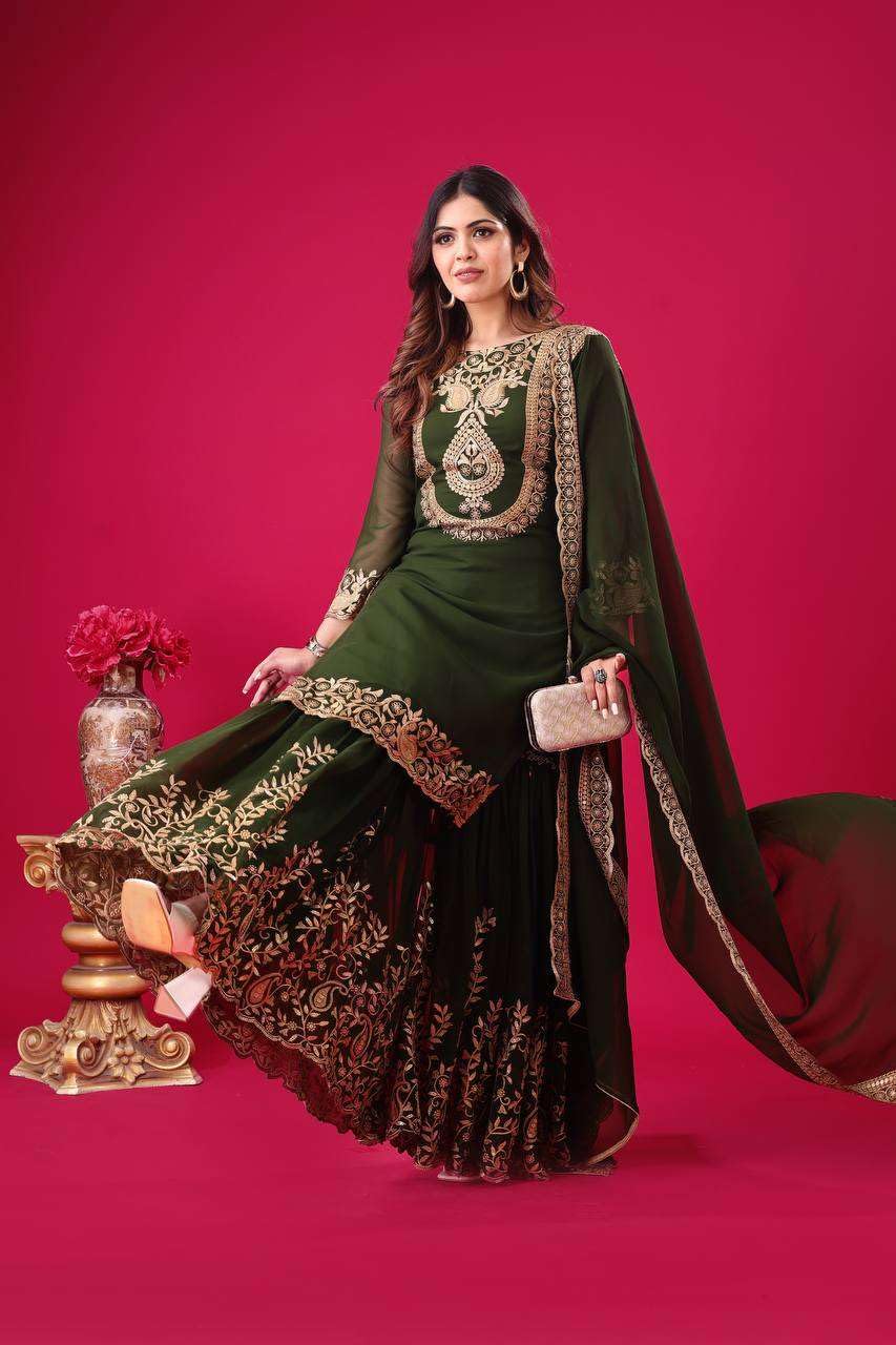 Women's Faux Georgette Ensemble with Embroidery & Sequence Work Kurti With Sharara and Dupatta Set (BLACKLUXE CRAFTS) - BLACKLUXECRAFTS