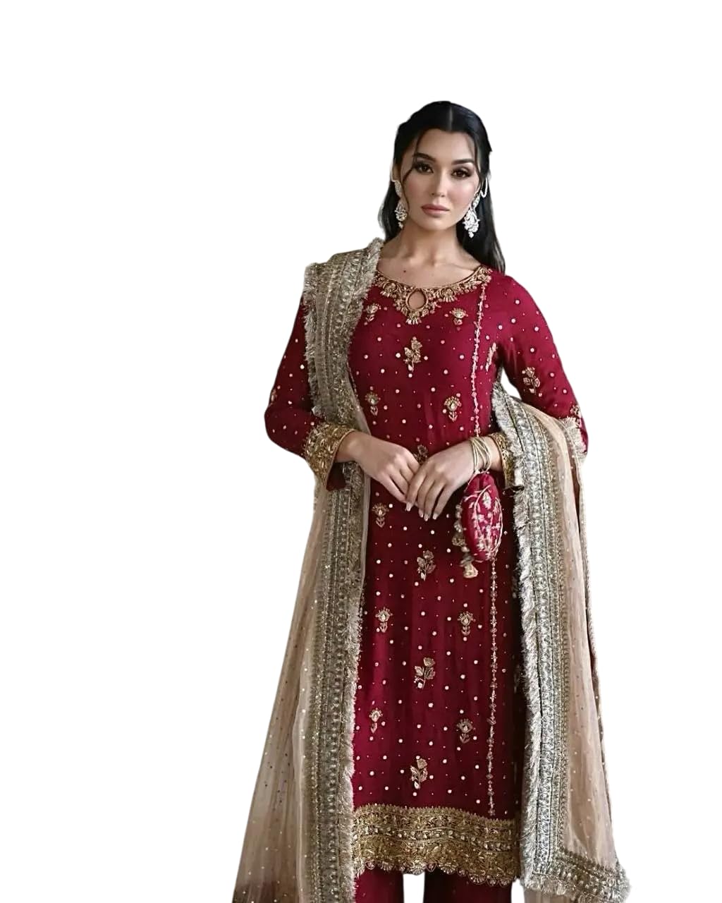 Women's Faux Georgette Embroidered Straight Kurti With Pant & Dupatta Set (BLACKLUXE CRAFTS) - BLACKLUXECRAFTS