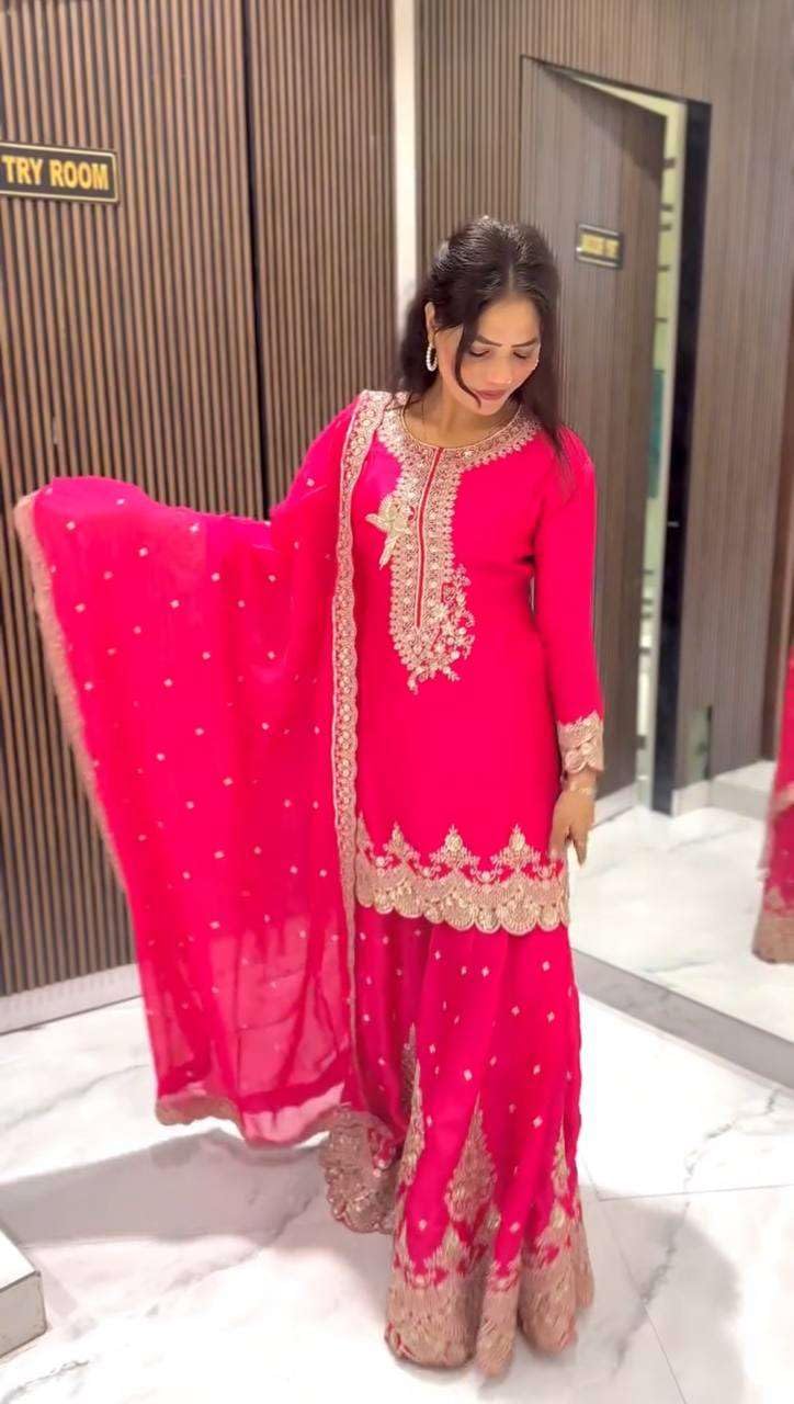 Women's Faux Georgette Embroidered Straight Kurti with Sharara & Dupatta Set (BLACKLUXE CRAFTS) - BLACKLUXECRAFTS