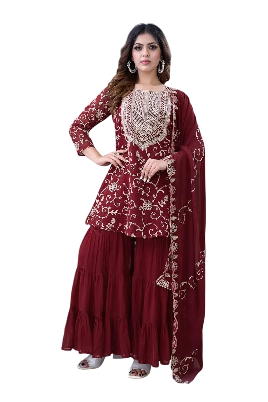 Embroidered Kurta Sharara Set with Dupatta – Designer Indian Wedding & Party Wear Outfit for Women (BLACKLUXE CRAFTS) - BLACKLUXECRAFTS