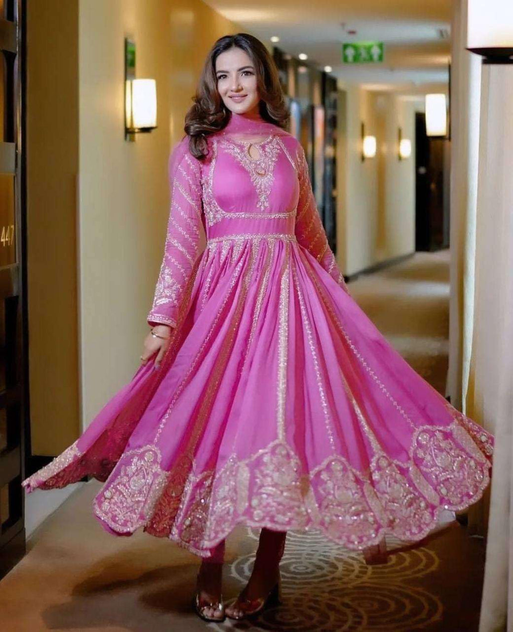 Women's Faux Georgette Embroidered Sequence Work Anarkali Kurti Gown with Net Dupatta (BLACKLUXE CRAFTS) - BLACKLUXECRAFTS