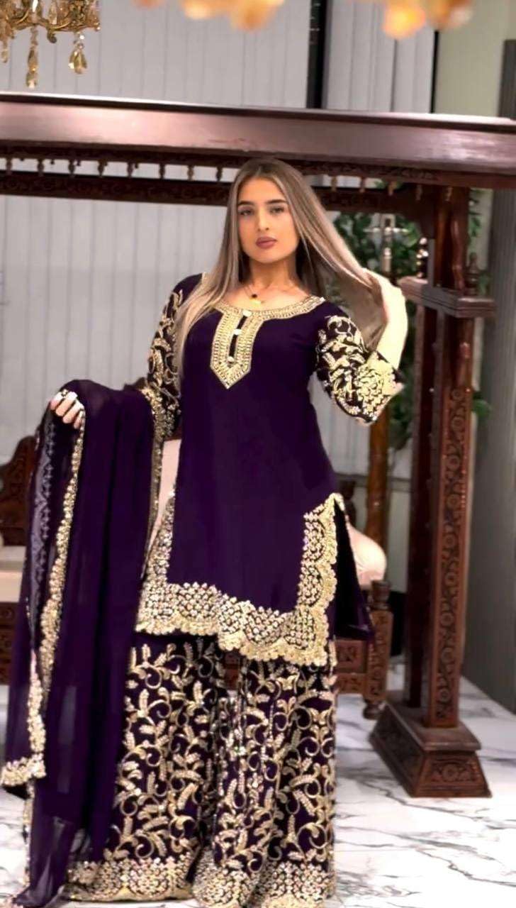 Purple Embroidered Kurta Sharara Set with Dupatta – Luxury Indian Wedding & Party Wear Outfit for Women (BLACKLUXE CRAFTS) - BLACKLUXECRAFTS