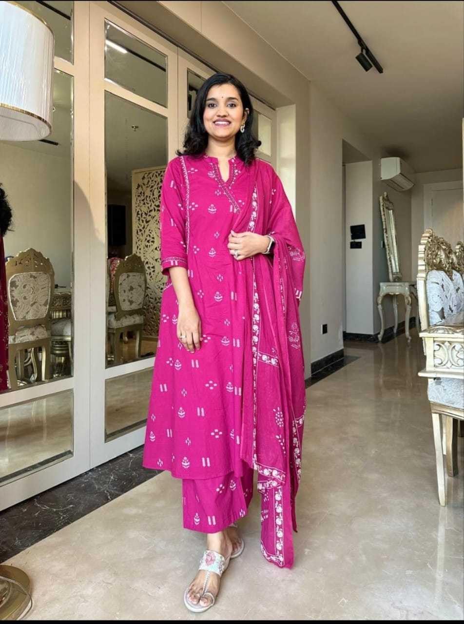 Women's Cotton Embroidered Anarkali Kurti with Pant and Dupatta Set (BLACKLUXE CRAFTS) - BLACKLUXECRAFTS