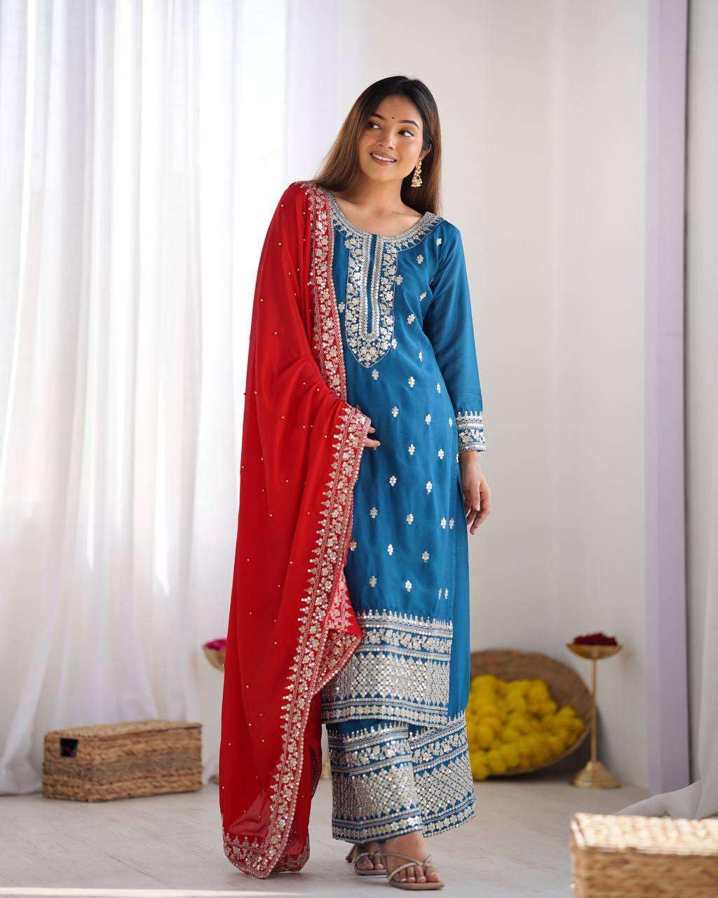 Women's Chinnon Silk Embroidered Straight Kurti With Pants and Dupatta Set (BLACKLUXE CRAFTS) - BLACKLUXECRAFTS