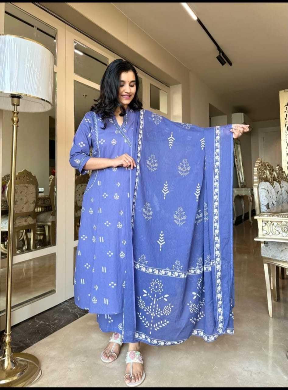 Women's Cotton Embroidered Anarkali Kurti with Pant and Dupatta Set (BLACKLUXE CRAFTS) - BLACKLUXECRAFTS