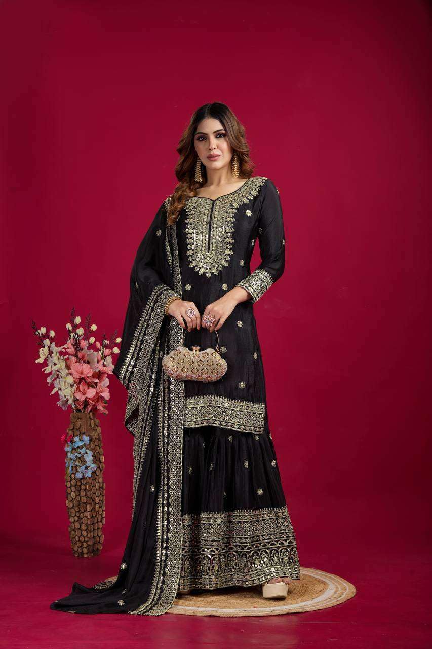 Black Embroidered Sharara Suit with Dupatta | Designer Indian Ethnic Wear | Party & Wedding Outfit for Women (BLACKLUXE CRAFTS) - BLACKLUXECRAFTS