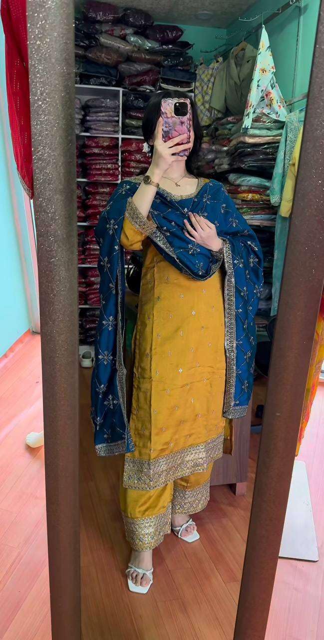 Women's Chinnon Silk Embroidered Straight Kurti with Pant & Dupatta Set (BLACKLUXE CRAFTS) - BLACKLUXECRAFTS