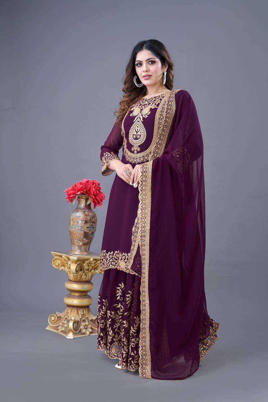 Women's Faux Georgette Ensemble with Embroidery & Sequence Work Kurti With Sharara and Dupatta Set (BLACKLUXE CRAFTS) - BLACKLUXECRAFTS