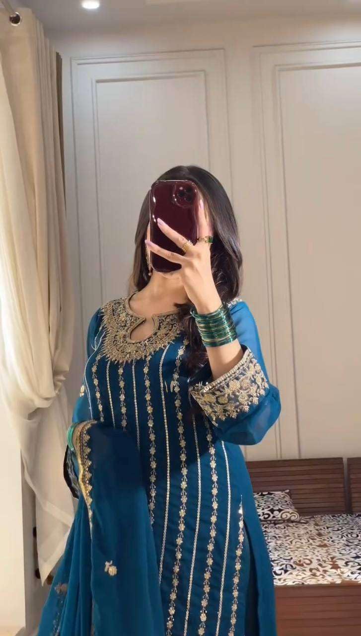 Teal Blue Straight Suit with Heavy Golden Embroidery & Dupatta | Designer Indian Pakistani Party Wear Dress for Women (BLACKLUXE CRAFTS) - BLACKLUXECRAFTS