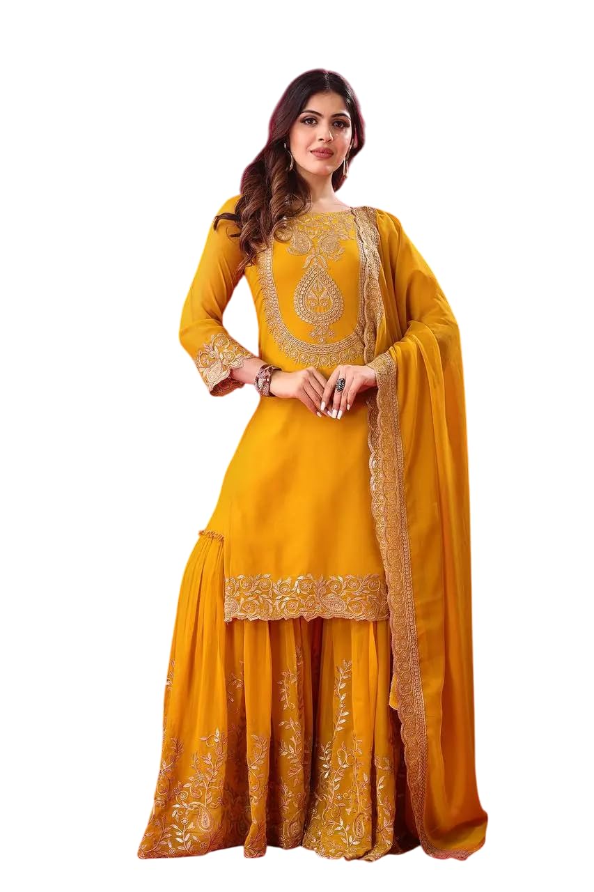 Women's Faux Georgette Ensemble with Embroidery & Sequence Work Kurti With Sharara and Dupatta Set (BLACKLUXE CRAFTS) - BLACKLUXECRAFTS